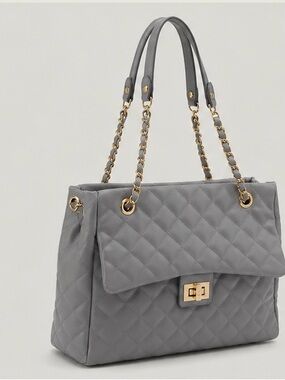 Quilted Shoulder Tote with Gold Chain Handles - Gray
